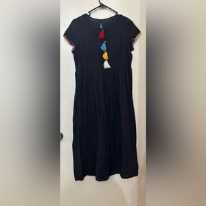 HERE&NOW Women Navy Blue Shortsleeved Cotton Tasselled Dress Size Small Summer